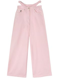 light pink cotton denim cut-out detailing belted waist tabs belt loops appliqué logo classic five pockets logo patch to the rear button fly fastening wide leg Versace Outfit, Yoko London, City Dress, Fashion Wishlist, Summer Beach Wear, Wide Leg Denim, Modern Bride, Lady Dior, Pink Cotton