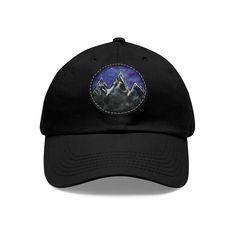 Forest Mountain Sky Wanderlust Camping Fathers Day Dad Hat with Leather Patch (Round)   This hat will make a great gift for all who suffer from Wanderlust. The leather patch hats are made from 100% bio-washed chino twill. It's a very comfortable yet sturdy material that will last for ages. The 100% PU leather patch is a great base for printing even the most vibrant designs. The hat's shape is unstructured, six-panel with a low profile and a pre-curved bill - this popular design suits almost everyone. There's a sewn-in label that doesn't have any reference to Printify. .: Materials: 100% bio-washed chino twill cotton (hat), 100% PU leather (patch) .: Unstructured, six-panel, low-profile .: Pre-curved bill .: Sewn-in label .: Blank sourced from Bangladesh .: NB! Hand-wash only Black Snapback Hat With Curved Brim As Gift, Black Dad Hat As Gift, Black Dad Hat Cap As A Gift, Black Dad Hat As A Gift, Black Dad Hat With Curved Brim As Gift, Mountain Sky, Patch Hats, Forest Mountain, Cotton Hat