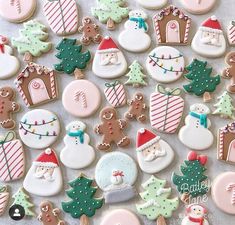 decorated christmas cookies are displayed on a table