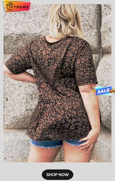 Black Leopard Print Ruffled V Neck Plus Size T-shirt Casual V-neck Top With All Over Print, Brown Cotton Printed Tops, Brown Short Sleeve Top With All Over Print, Brown Short Sleeve Top With All-over Print, Fall Short Sleeve Tops With All Over Print, Brown Short Sleeve Top, Casual All Over Print Crew Neck Tops, Cotton V-neck Top With All Over Print, Casual Crew Neck Top With All Over Print