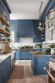 a kitchen with blue cabinets and wooden floors