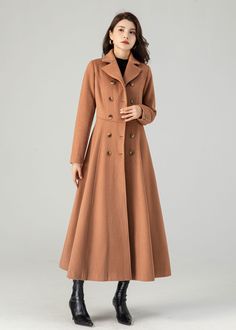 "FEATURES 50% wool, 50% wool blend Fully liner with polyester Two pockets Lapel collar Long sleeve Button closure in front For Winter, Autumn dry clean ★★Mode size Height 170cm (5′ 7″)  Bust 84 cm (33\")  Waist 66 cm (26\")  She wears size XS. ★★Bespoke Order Service If you Request other color Request the length Your height is not between 155 cm- 175 cm Your weight is not between 47 kg -77 kg I can do it for you, It will need some extra fee depending on on your need. Contact with me for more det Classic A-line Fall Outerwear, Solid A-line Outerwear For Fall, Spring Wool Long Pea Coat, Formal A-line Outerwear For Fall, Formal A-line Fall Outerwear, Long Brown Wool Outerwear, Formal A-line Wool Coat For Fall, Spring Long Wool Coat, Spring Long Wool Pea Coat