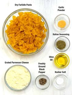 the ingredients to make pasta are shown in bowls