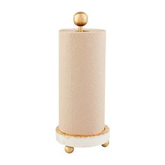 a white and gold toilet paper holder with a golden ball on the top of it