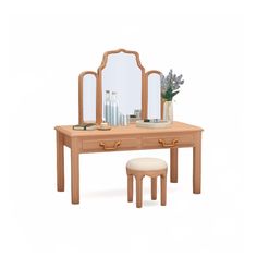 a wooden dressing table with stool and mirror on the top, in front of a white background