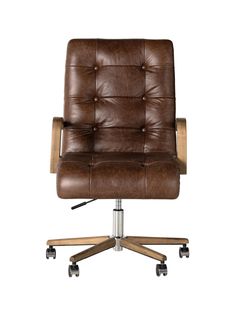 a brown leather office chair with wheels and casteors on an isolated white background photo