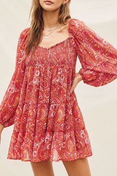 Red paisley print long sleeve babydoll dress with a smocking bust. 100% Polyester Bohemian Dress Long Sleeve, Bohemian Prints, Long Sleeve Babydoll Dress, Red Paisley, Body Top, Bohemian Print, Idea Board, Teacher Outfits, Pink Blush Maternity