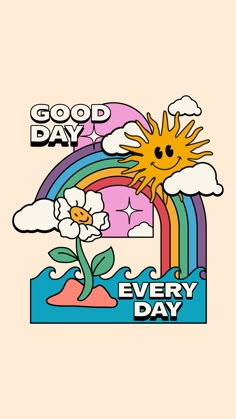 Everyday Good Day. A sunny weather lover's gift idea for those who love retro illustration and motivational design. Whether for a birthday, Christmas, or as a gift in general, it makes a great gifting item on a t-shirt, mug, hoodie and so much more.

everyday is good, better days, sun, sun illustration, vintage illustration, retro sun illustration, flower, rainbow, sea, clouds, funny, happy sun, cute sun, motivational, positive, vintage character, cartoon, pink, purple, yellow, orange Sun Illustration, Cute Patterns Wallpaper, Retro Illustration, Poster Vintage, Cute Wallpaper Backgrounds, Retro Art, Graphic Design Posters, Retro Poster, Cartoon Wallpaper