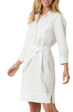 A hidden-button half placket subtly elevates this breezy linen shirtdress featuring a removable tie belt and roll-tab cuffs for easy adjustments all day long. 38" length Hidden-button half placket Spread collar Three-quarter sleeves with roll-tab cuffs Chest patch pockets Removable tie belt Side slits Unlined 100% linen Machine wash, line dry Imported Elegant Shirt Dress With Roll-up Sleeves For Daywear, Spring Linen Dress With Belted Cuffs, Elegant Shirt Dress With Rolled Sleeves For Spring, Classic Linen Shirt Dress With Spread Collar, Chic Linen Shirt Dress With Button Cuffs, Elegant Shirt Dress With Roll-up Sleeves And Spread Collar, Elegant Linen Shirt Dress For Vacation, Elegant Linen Shirt Dress For Spring, Elegant Linen Dresses With Spread Collar