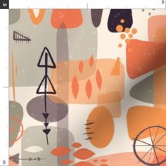 an orange and grey abstract background with circles, shapes, and lines on it's surface