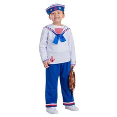 a little boy dressed in a sailor outfit and holding a baseball mitt, standing on a white background