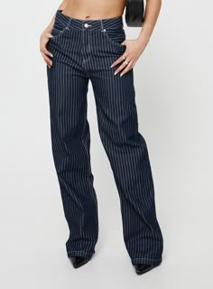 Straight leg jeans  Shell: 100% polyester   Lining: 100% polyester  Dark denim  Pinstripe  High rise  Zip and button fastening  Silver-toned hardware  Non-stretch  Unlined Stripe Pants, Pinstripe Fitted Casual Bottoms, Striped Jeans Outfit, Luxury Pinstripe Straight Leg Bottoms, Dark Denim Pants, Chic Pinstripe Wide-leg Bottoms, Fitted Pinstripe Wide-leg Bottoms, Luxury Pinstripe Wide-leg Bottoms, Pinstripe Pants