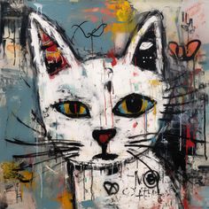 a painting of a white cat with yellow eyes