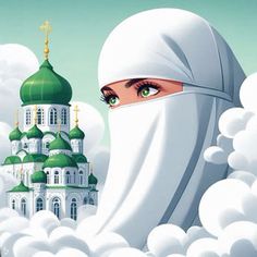 a woman with a veil on her head standing in front of a white building surrounded by clouds