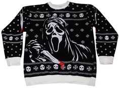 a black and white sweater with a skeleton holding a knife in it's mouth