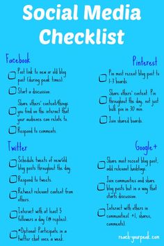 the social media checklist is shown with blue background and white writing on it, which includes