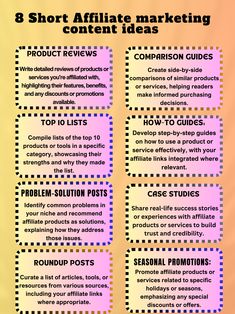 an info sheet with the words 8 short affiliate marketing content ideas on it