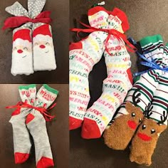 four pairs of socks with christmas designs on them