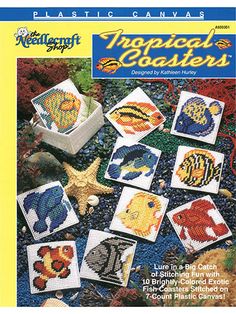 the front cover of a cross stitch pattern book with an image of fish and starfish