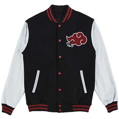 New Bioworld X Naruto Akatsuki Varsity Style Letterman Jacket - Polyester Fleece - Embroidered & Patch Details - Dual Front Pockets - Snap Button Closure - Fully Lined - Unisex - Multicolor Fitted Casual Outerwear For Cosplay, White Cotton Outerwear For Cosplay, Winter Cosplay Long Sleeve Blazer, White Long Sleeve Outerwear For Cosplay, Red Cotton Blazer For Winter, Style Letterman Jacket, Manto Akatsuki, Naruto Akatsuki, Varsity Jacket Women