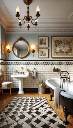 a bath room with a tub a sink and a mirror on the wall next to a rug