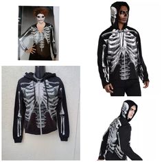 The Black & Bone Hoodie For Adults Gives New Meaning To The Term "The Walking Dead!" This Long-Sleeve Black Sweatshirt Features A Detailed X-Ray Skeleton Print On The Front And Back, Including Skull Profiles On Either Side Of The Hood. Rock This Spooky Look On Halloween Or Every Day Brand Black And Bone Item Skeleton Hoodie Size One Size Fits Most Fits Like A Small Measurements Pictured Not Responsible For Fit Or Size Condition New With Tags And Packaging Items Can Contain Unseen Flaws Please See Pictures Carefully As They Are Part Of The Description. Click On Photos For Close-Up Feel Free To Ask Questions Ocassion Trendy, Popular, Stylish, Fashion Apparel, Fashionable, N Halloween Hooded Outerwear With Skull Print, Halloween Punk Hoodie With Skull Print, Punk Halloween Hoodie With Skull Print, Punk Halloween Hoodie With Skull Design, Punk Skull Hoodie For Halloween, Halloween Long Sleeve Outerwear With Skull Print, Halloween Black Outerwear With Skull Print, Halloween Black Skull Print Outerwear, Hooded Punk Outerwear For Halloween