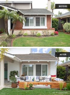 before and after photos of a home's front yard