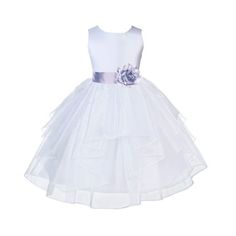 The elegant feature is made out of White Satin Poly upper body and sleeveless bodice with an elegant 5 tiered Shimmering Organza skirt. The waistline is decorated with a removable Satin Poly Sash and Flower to make this dress more elegant. The back of the dress has elegant cute buttons closure and a nice bow you can tie for a snug fit. Size: size M.  Color: Blue.  Gender: female.  Age Group: kids. Princess Style First Communion Dress In Organza, Fitted Organza Tutu Dress For First Communion, Fitted Princess Tutu Dress For First Communion, Princess Style Fitted Tutu Dress For First Communion, Organza First Communion Dress For Spring, Princess Style First Communion Dress For Spring Pageant, Princess Style First Communion Dress For Spring, Spring Princess First Communion Dress For Pageant, Fitted Organza Princess Dress For First Communion