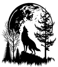 a wolf standing on top of a hill in front of a full moon and trees