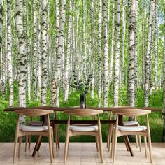 a dining room table surrounded by white birch trees in front of a forest wall mural