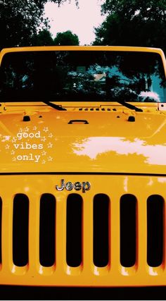 a jeep with the words god vibes only written on it's front grill