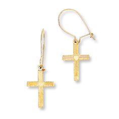 Crosses of 14K yellow gold dangle from euro wire backs in these sentimental earrings for her. A satin finish completes the look. Gold Stock, Jewelry Education, Jewelry Advice, Cross Earrings, Gold Polish, Accessories Jewelry Earrings, Fine Earrings, Yellow Diamond, Earring Backs