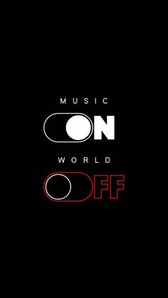 the words music on world off are shown in red and black letters, against a black background