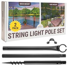 the string light pole set includes 2 lights and two hooks for hanging on the deck