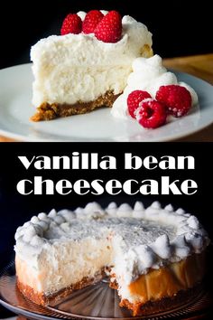 vanilla bean cheesecake with raspberries and whipped cream on top is shown here