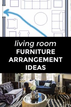 the living room furniture arrangement is shown in black and white with blue arrows pointing up