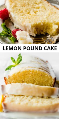 lemon pound cake with icing and raspberries on the top is cut in half