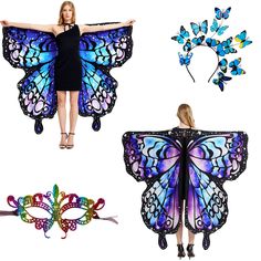 two women wearing butterfly wings, one in black dress and the other in blue with multicolored butterflies