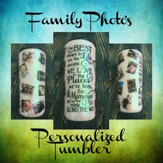 three personalized tumbles with pictures on them and the words family photos written in cursive writing