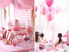 pink and gold birthday party with balloons, candy bar, cake table and desserts