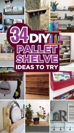 there are many different shelves that have books on them and the words, 34 diy pallet shelf ideas to try