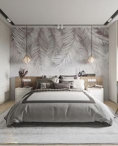 a bedroom with a large bed and white walls