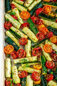 roasted zucchini and tomatoes in a casserole dish