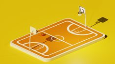 an orange and white basketball court with a referee's box in the center on a yellow background