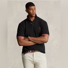 2lt Nwot Ribbed Polo Collar With Striped Tipping. Two-Button Placket. Short Sleeves. Ribbed Armbands With Striped Tipping. Tennis Tail. Signature Embroidered Pony At The Left Chest. 100% Cotton. Machine Washable. Imported. Style Number: 583370 Black Polo Shirt With Button Closure For Work, Black Collared Polo Shirt For Spring, Black Short Sleeve Polo Shirt For Spring, Black Tops With Contrast Collar For Summer, Black Top With Contrast Collar For Summer, Black Polo Shirt For Work With Buttons, Black Polo Shirt With Button Closure For Summer, Fitted Black Polo Shirt For Spring, Fitted Polo Shirt With Contrast Collar