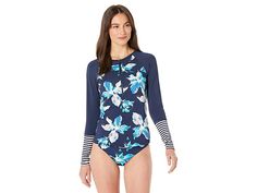 Carve Designs Kona Rashguard - Women's Swimwear : Stargazer/Navy Stripe : Spend your weekend in the sun wearing the Carve Designs Kona Rashguard. Semi-fitted cut provides comfortable wear with its four-way stretch fabric technology. UPF 50+ fabrication protects your skin during outdoor activity by blocking harmful Ultraviolet A and Ultraviolet B rays (UVA and UVB). Crew neck. Front zip opening allows increased and adjustable ventilation. Brand mark at left cuff. 82% nylon, 18% spandex. Machine w Fitted Outdoor Swimwear With Upf 50+, Casual Stretch Rash Guard With Uv Protection, Outdoor Stretch Rash Guard With Upf 50+, Blue Swimwear Upf 50+ For Outdoor Activities, Blue Swimwear With Upf 50+ For Outdoor Activities, Casual Rash Guard With Uv Protection For Sports, Outdoor Nylon Swimwear With Uv Protection, Outdoor Swimwear With Upf 50+ Stretch, Stretch Swimwear With Upf 50+ For Outdoor