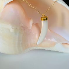 White Mother of Pearl Tusk Necklace, Tusk Necklace, Tooth Necklace, 15k Gold Filled Cable Chains, Statement Necklace for layering. This is a tusk shaped charm necklace made of mother of pearl with a dainty gold chain. A fun, daring, and adventurous necklace for a bold statement. A wonderful gift idea for someone you love. Tusk measurement: 25mm x 6 mm 14k Gold Filled Chain: 2mm **The model is wearing 16-inch chains. RoseAveJewelry Handmade and made for order in LA Every piece is handmade and mad White 14k Gold Jewelry With Adjustable Chain, Dainty White Jewelry With Gold Chain, White 14k Gold Charm Necklace With Delicate Chain, White Minimalist Charm Necklace With Lobster Clasp, Minimalist White Charm Necklace With Lobster Clasp, Dainty White Jewelry With Chain, White Gold Plated Charm Necklaces With Lobster Clasp, White Dainty Charm Necklace, White Long Charm Necklace For Gift