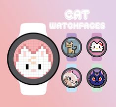 an image of a cat watchfaces on a pink background with other cats around it