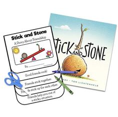 two books with scissors and stick and stone on the cover, next to each other