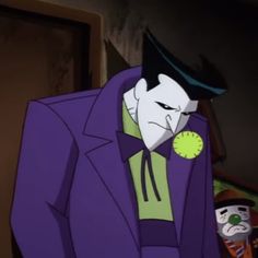 an animated image of a man in a purple suit and top hat with a clock on his left hand